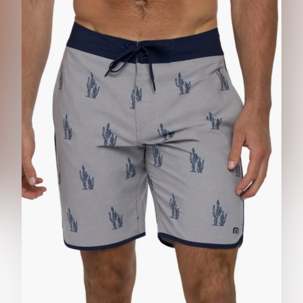Travis Mathew Gray Board Shorts with Navy Cactus Print Trim